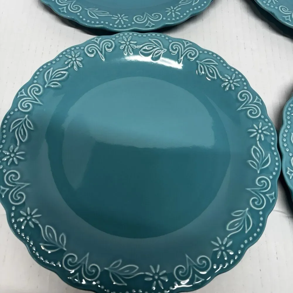 Pioneer Woman Teal Salad Plates Set of 4 Floral Scalloped Stoneware 9”